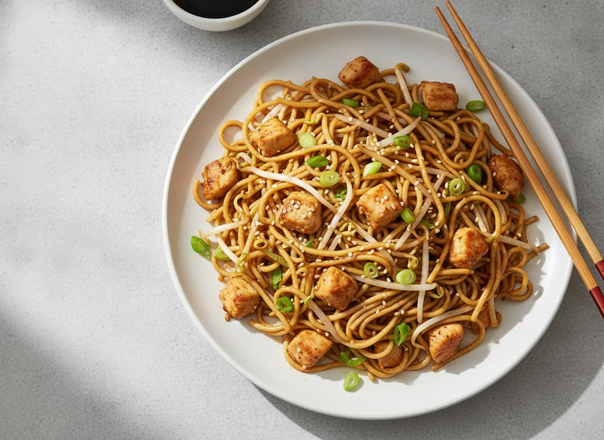 Gebratene Nudeln mit Hähnchen und Sprossen photo