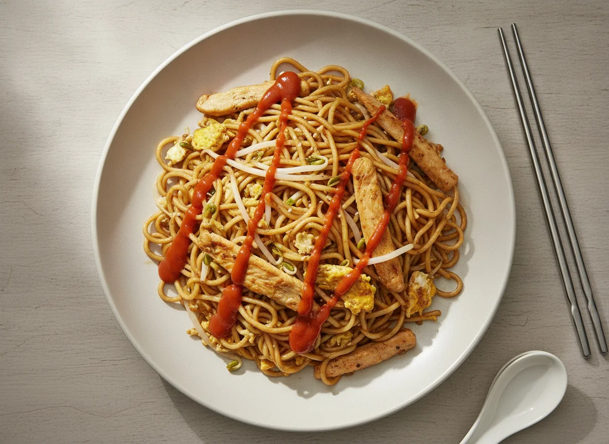Gebratene Nudeln mit Hähnchen und Sriracha photo