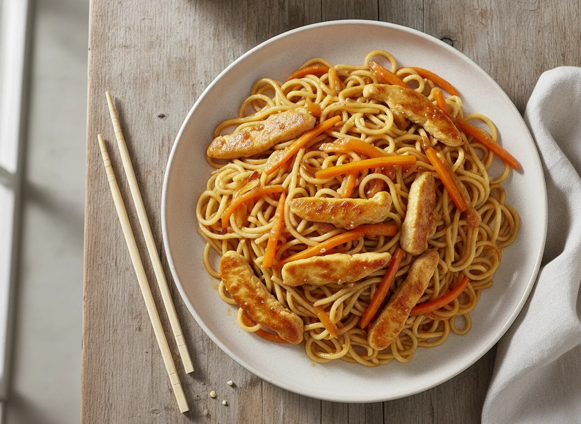 Gebratene Nudeln mit Hähnchen und Süß-Sauer-Sauce photo
