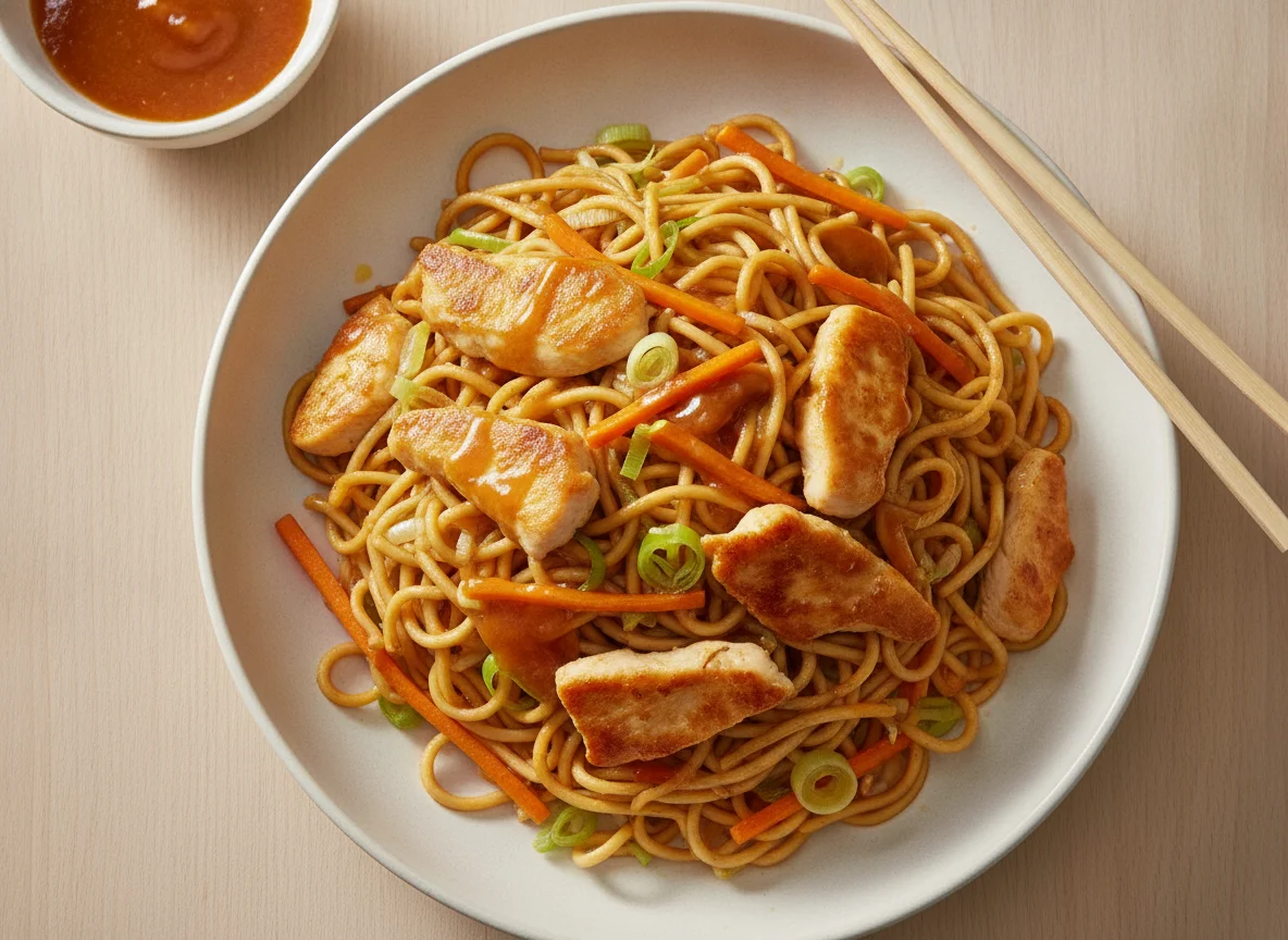 Gebratene Nudeln mit Hähnchen und süß-saurer Sauce photo