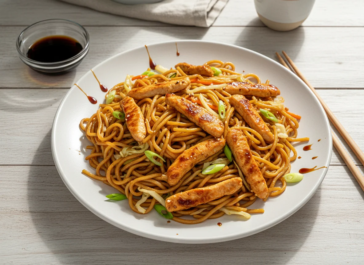 Gebratene Nudeln mit Huhn photo