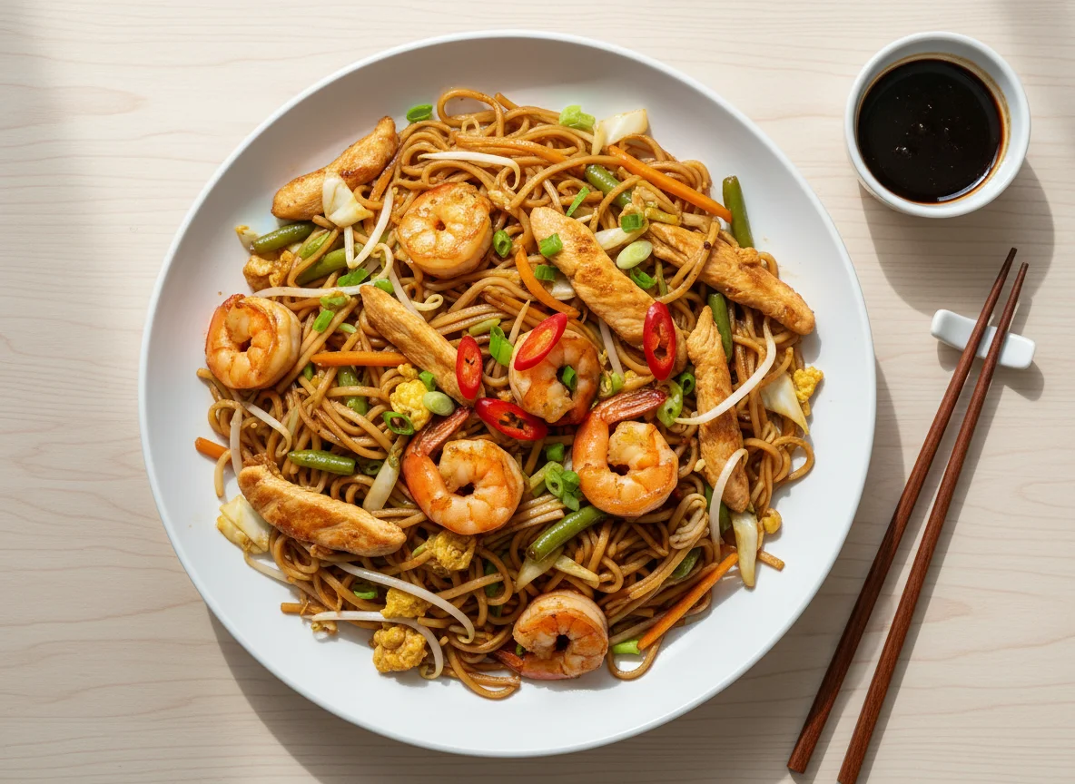 Gebratene Nudeln mit Huhn und Garnelen photo