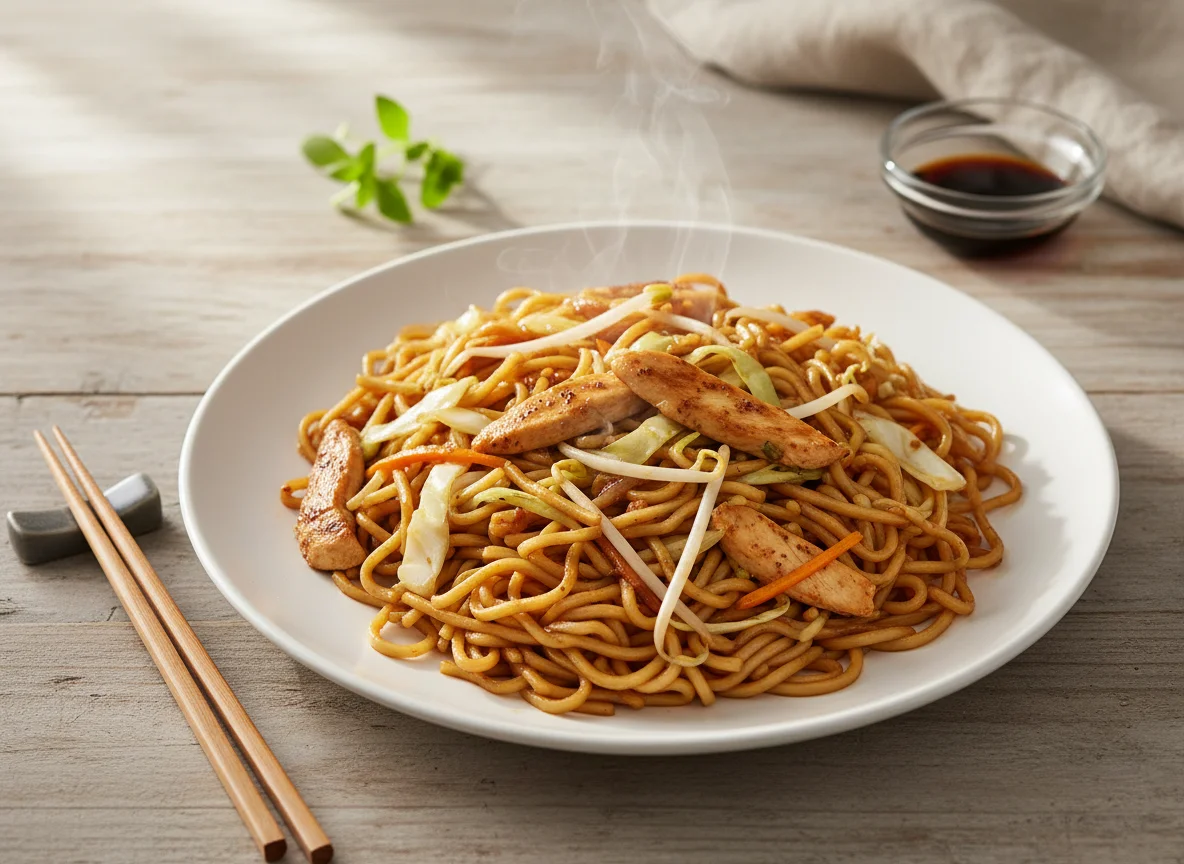 Gebratene Nudeln mit Huhn und Gemüse photo