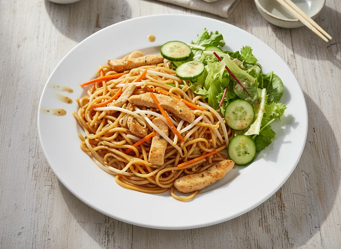Gebratene Nudeln mit Huhn und Salat photo
