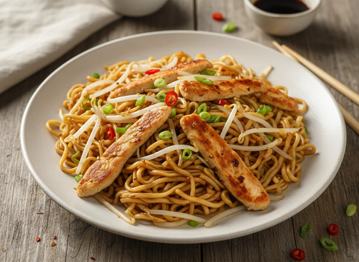 Gebratene Nudeln mit Huhn und Sojasprossen photo