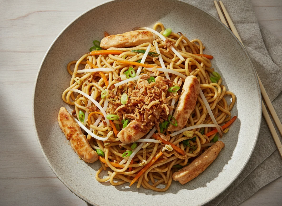 Gebratene Nudeln mit Huhn und Sprossen photo