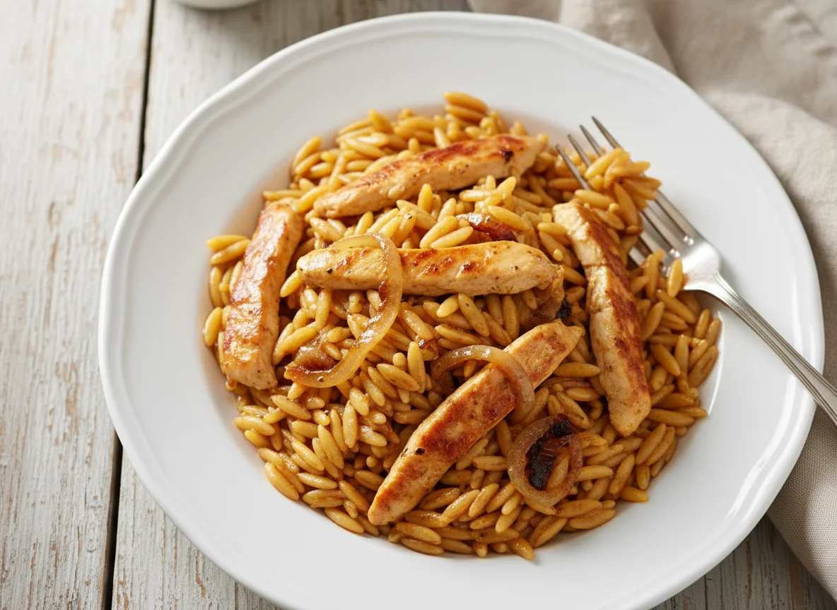 Gebratene Nudeln mit Huhn und Zwiebeln photo