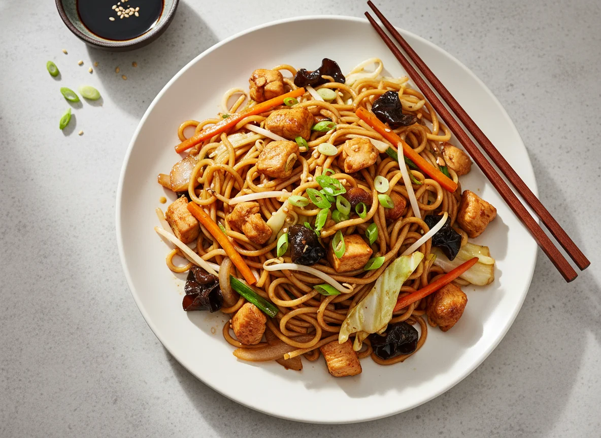 Gebratene Nudeln mit Hühnchen und Gemüse photo