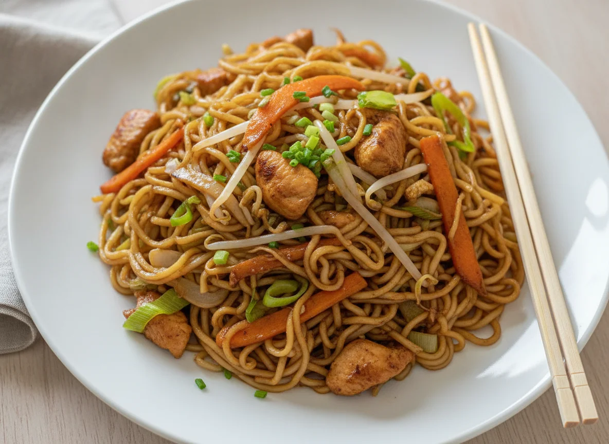 Gebratene Nudeln mit Hühnerfleisch photo