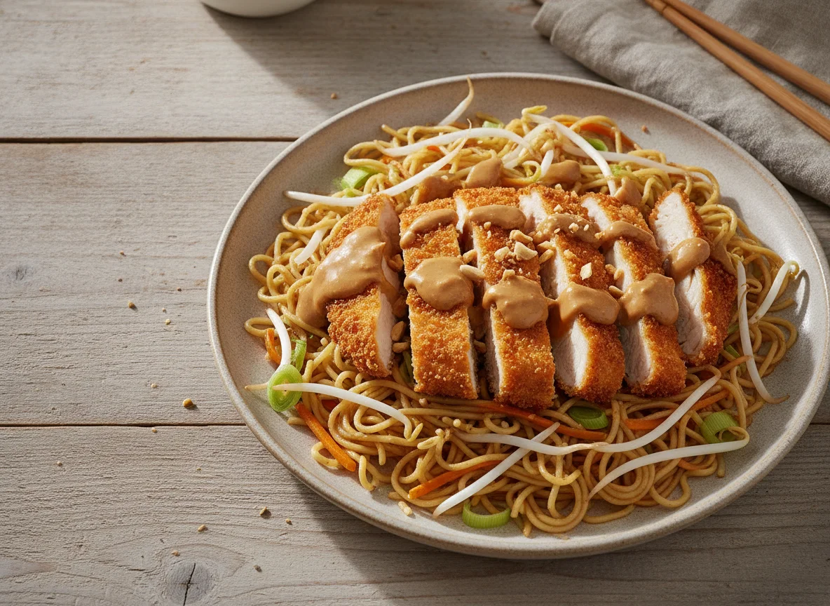 Gebratene Nudeln mit knusprigem Hähnchen und Erdnusssauce photo