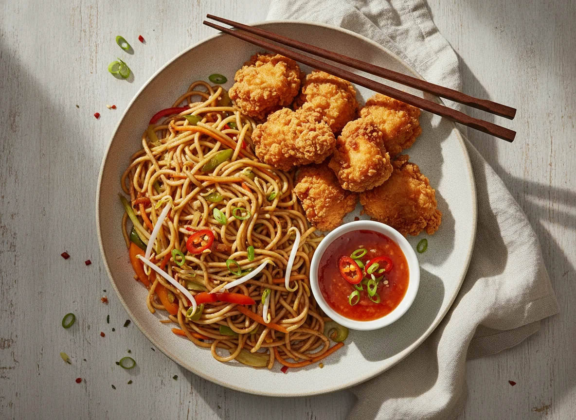 Gebratene Nudeln mit knusprigem Hähnchen und Süß-Sauer-Sauce photo