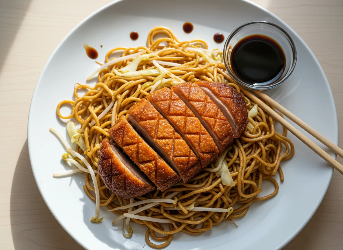 Gebratene Nudeln mit knuspriger Ente photo