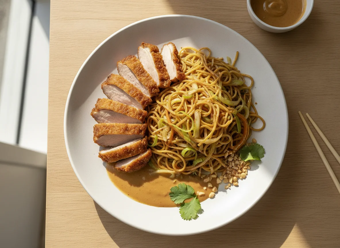 Gebratene Nudeln mit knuspriger Ente und Erdnusssauce photo
