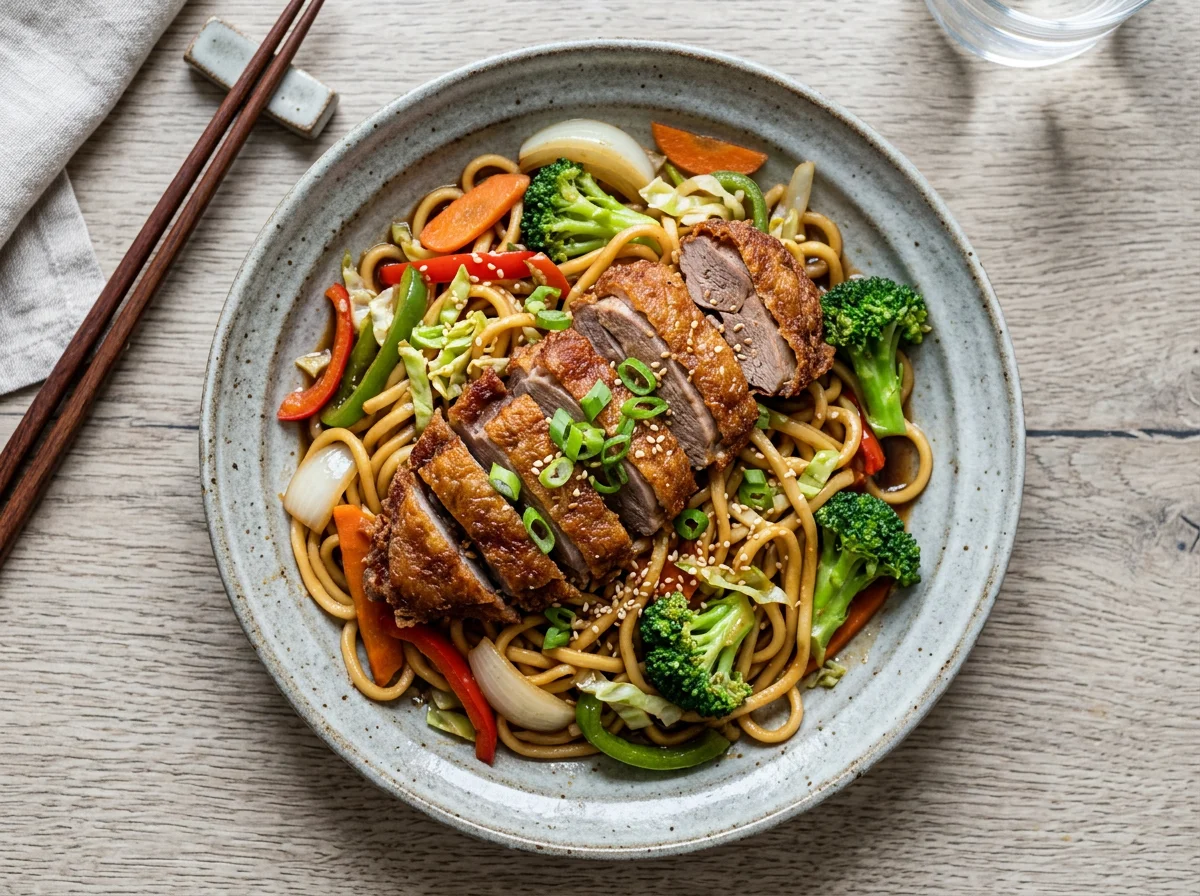 Gebratene Nudeln mit knuspriger Ente und Gemüse photo