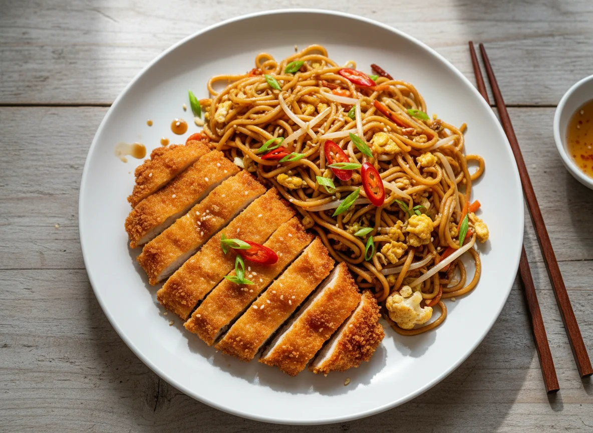 Gebratene Nudeln mit paniertem Hähnchen photo