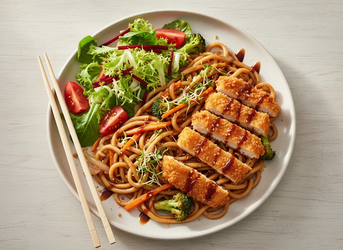 Gebratene Nudeln mit paniertem Hähnchen und Salat photo