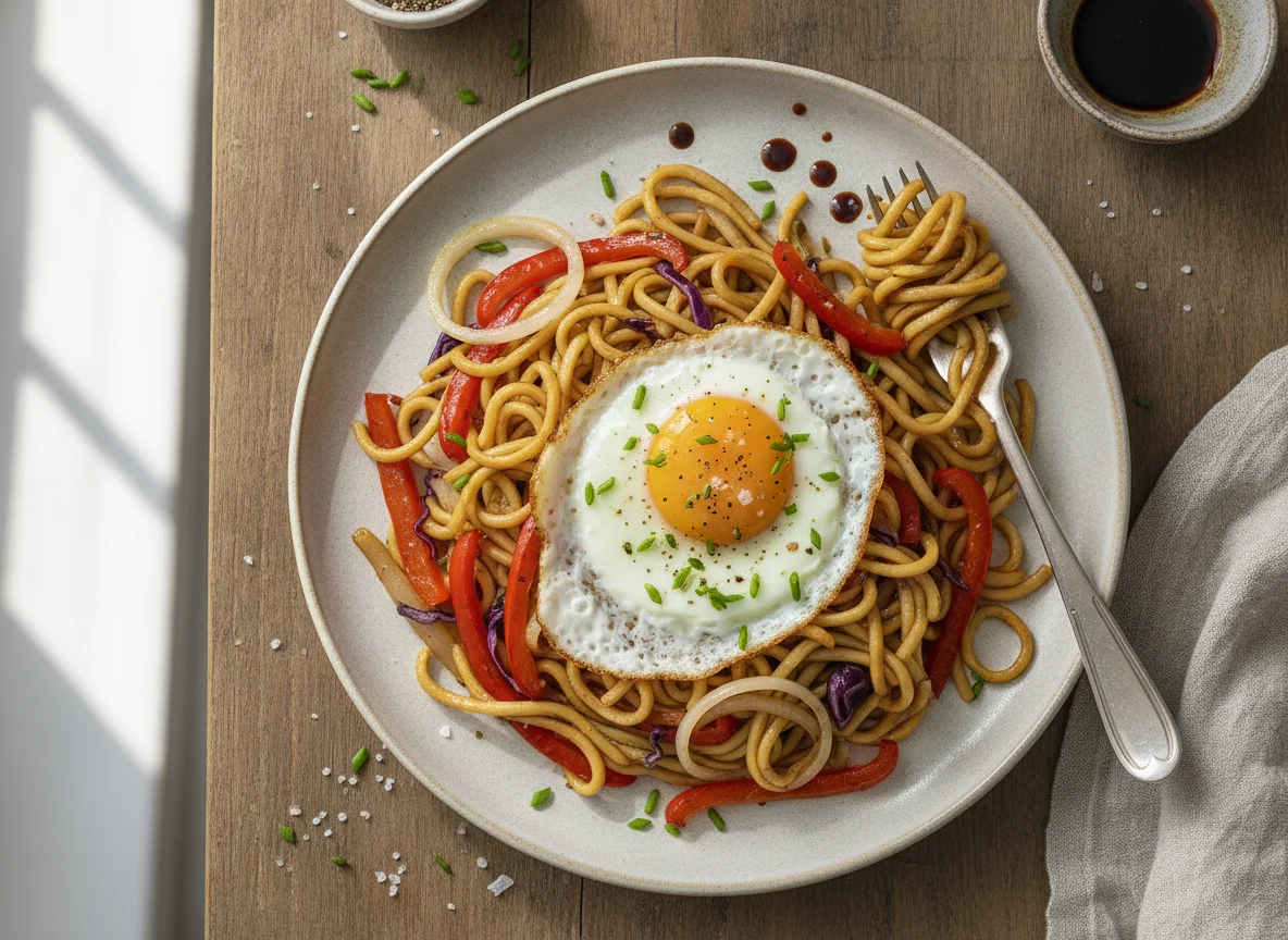 Gebratene Nudeln mit Paprika und Ei photo