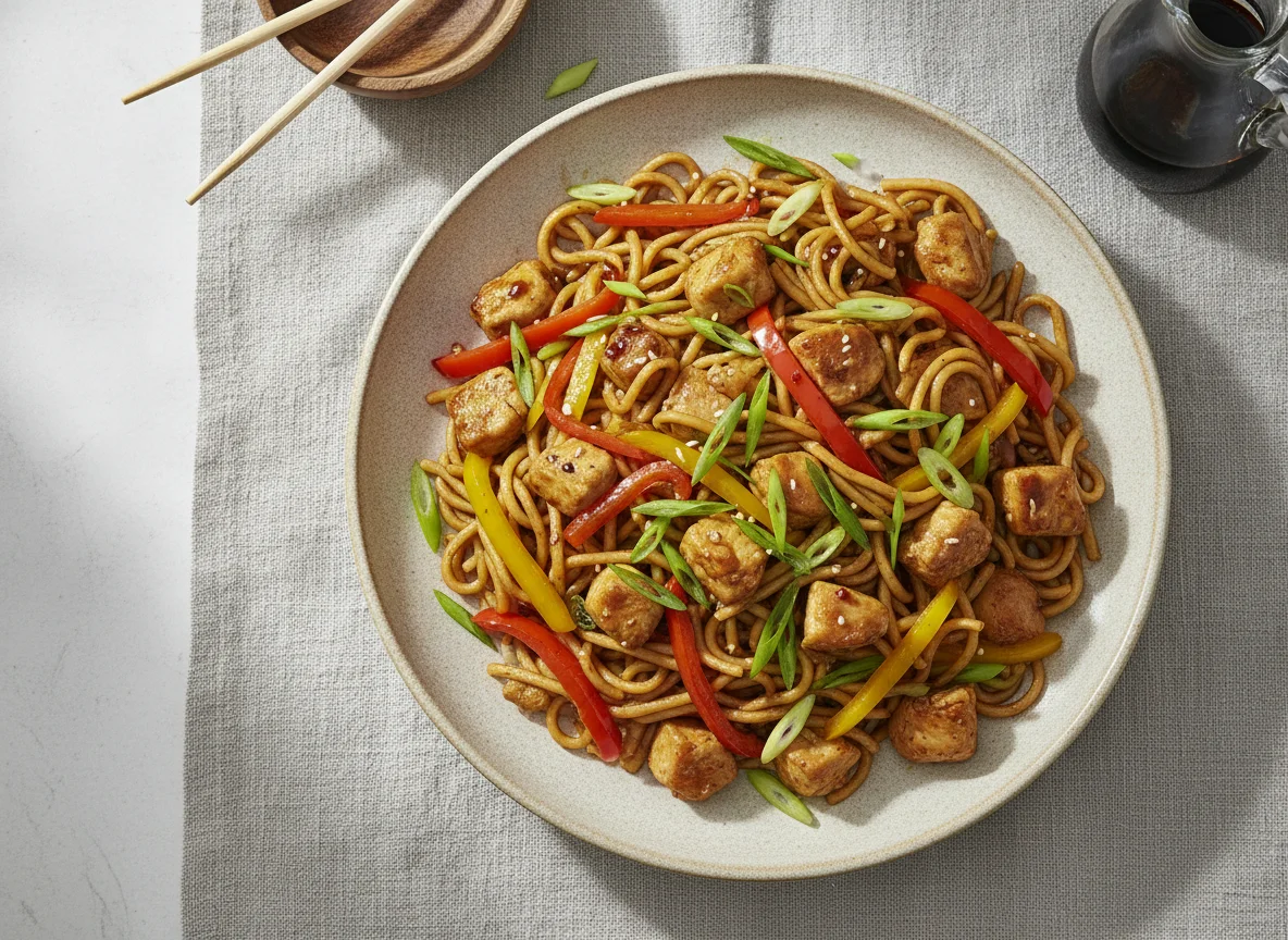 Gebratene Nudeln mit Poulet und Gemüse photo