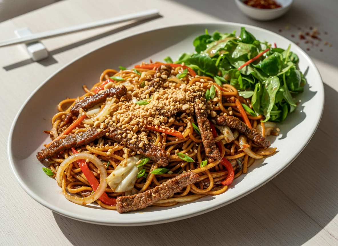 Gebratene Nudeln mit Rindfleisch und Salat photo