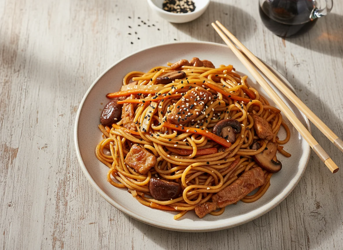 Gebratene Nudeln mit Schweinefleisch und Gemüse photo