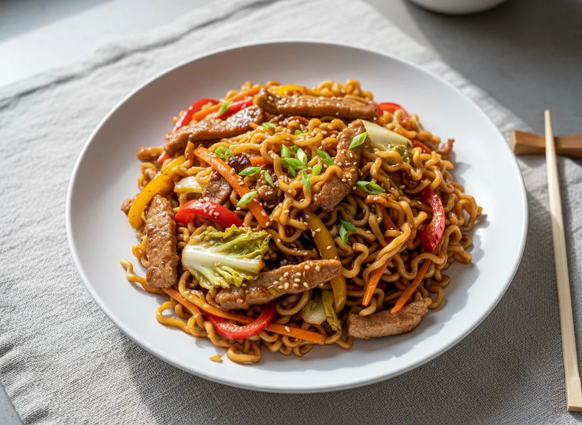 Gebratene Nudeln mit Schweinefleisch und Gemüse in dunkler Sauce photo