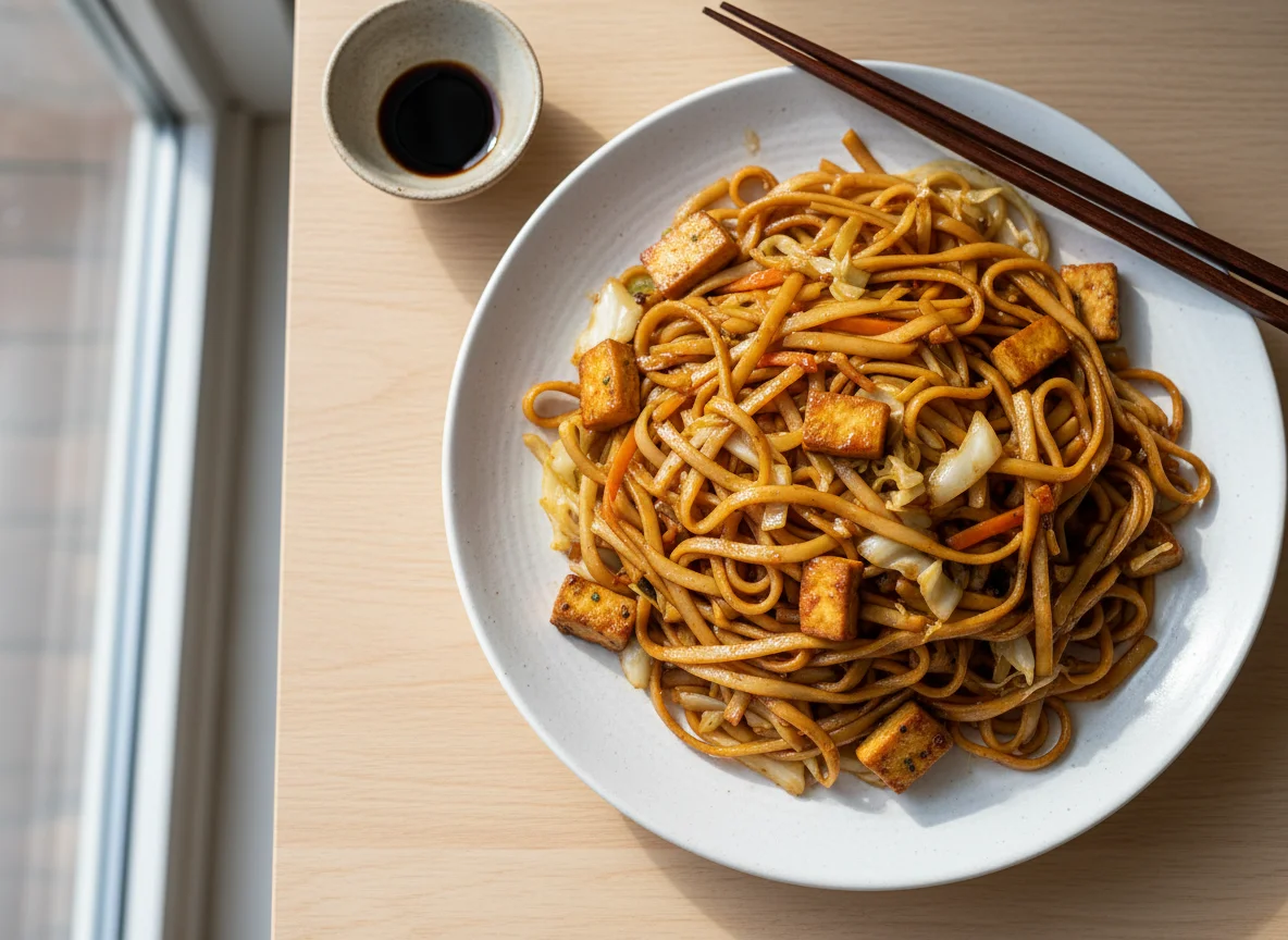 Gebratene Nudeln mit Tofu und Gemüse photo