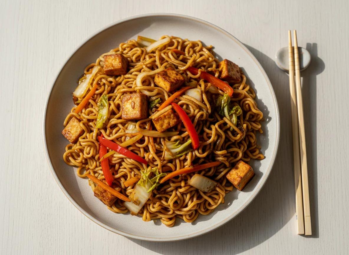 Gebratene Nudeln mit Tofu und Gemüse in dunkler Sauce photo