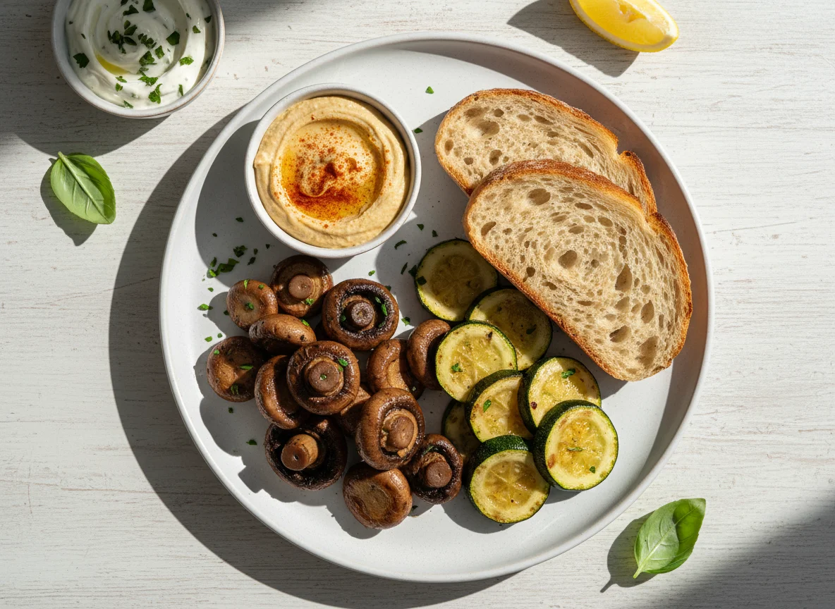Gebratene Pilze und Zucchini mit Brot und Dips photo