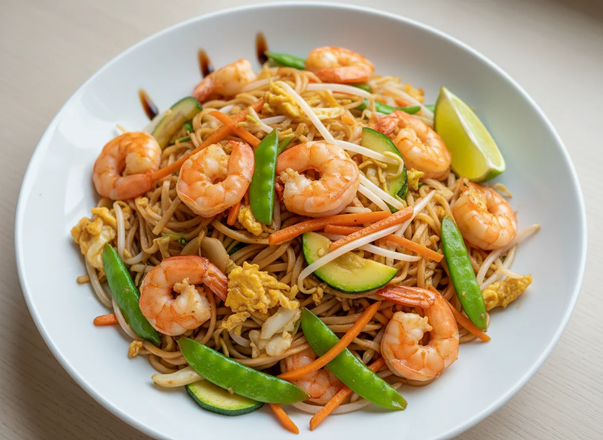 Gebratene Reisnudeln mit Garnelen und Gemüse photo