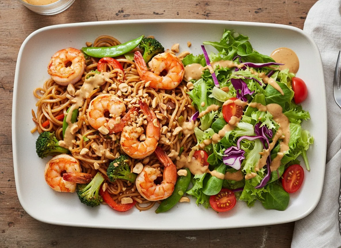 Gebratene Reisnudeln mit Garnelen und Salat photo