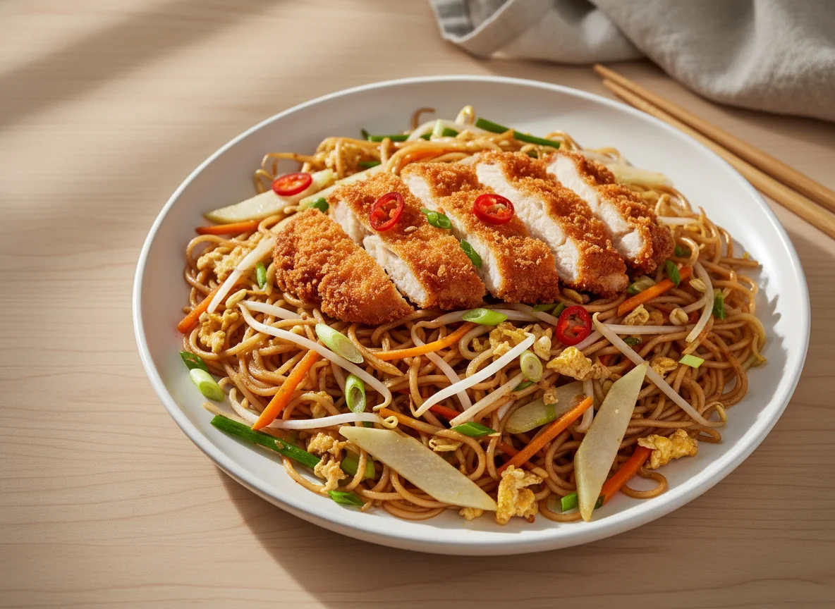 Gebratene Reisnudeln mit paniertem Hähnchen und Gemüse photo