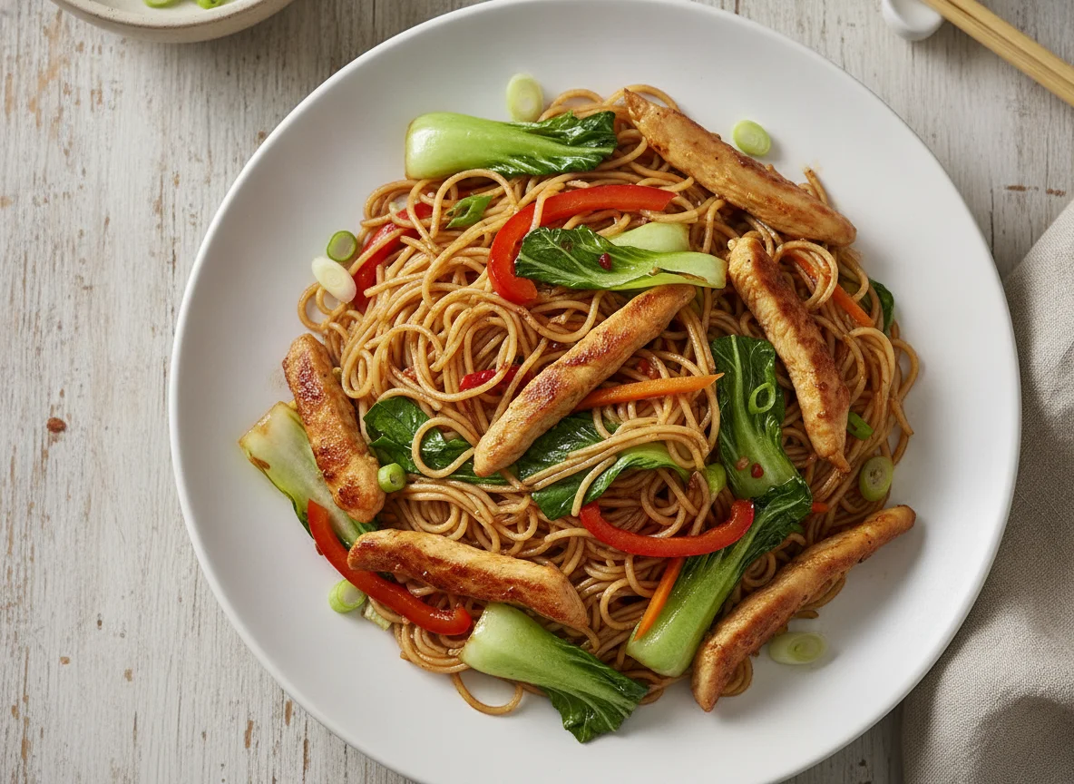 Gebratene Reisnudeln mit Poulet und Gemüse photo