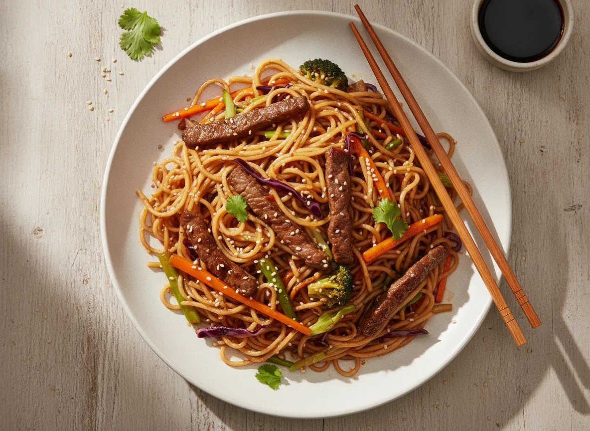 Gebratene Reisnudeln mit Rindfleisch und Gemüse photo