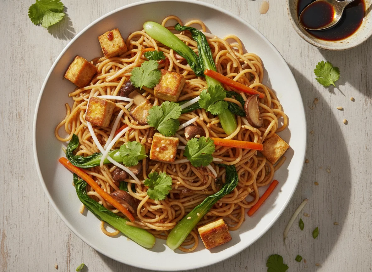 Gebratene Reisnudeln mit Tofu und Gemüse photo
