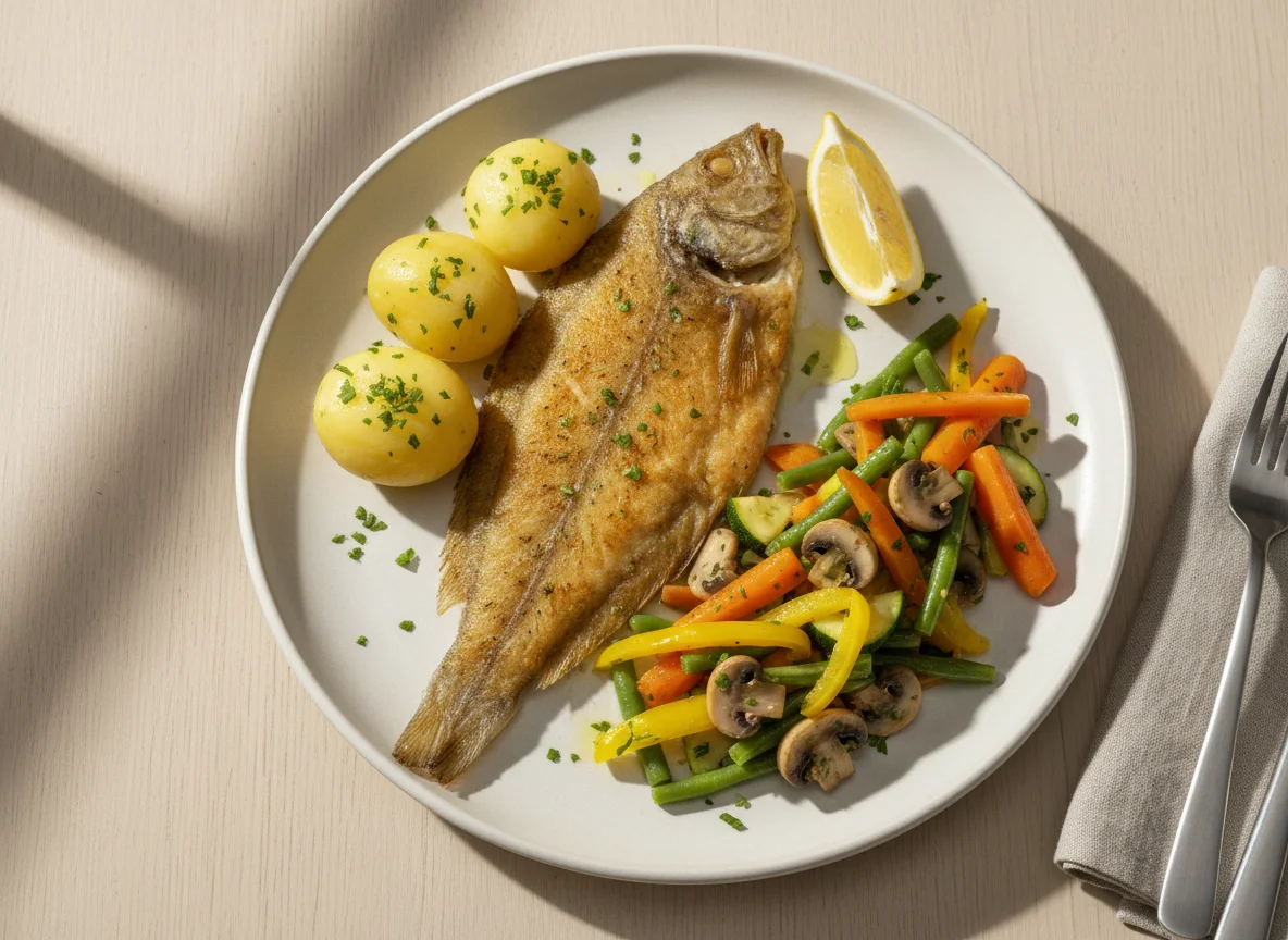 Gebratene Seezunge mit Gemüse und Kartoffeln photo