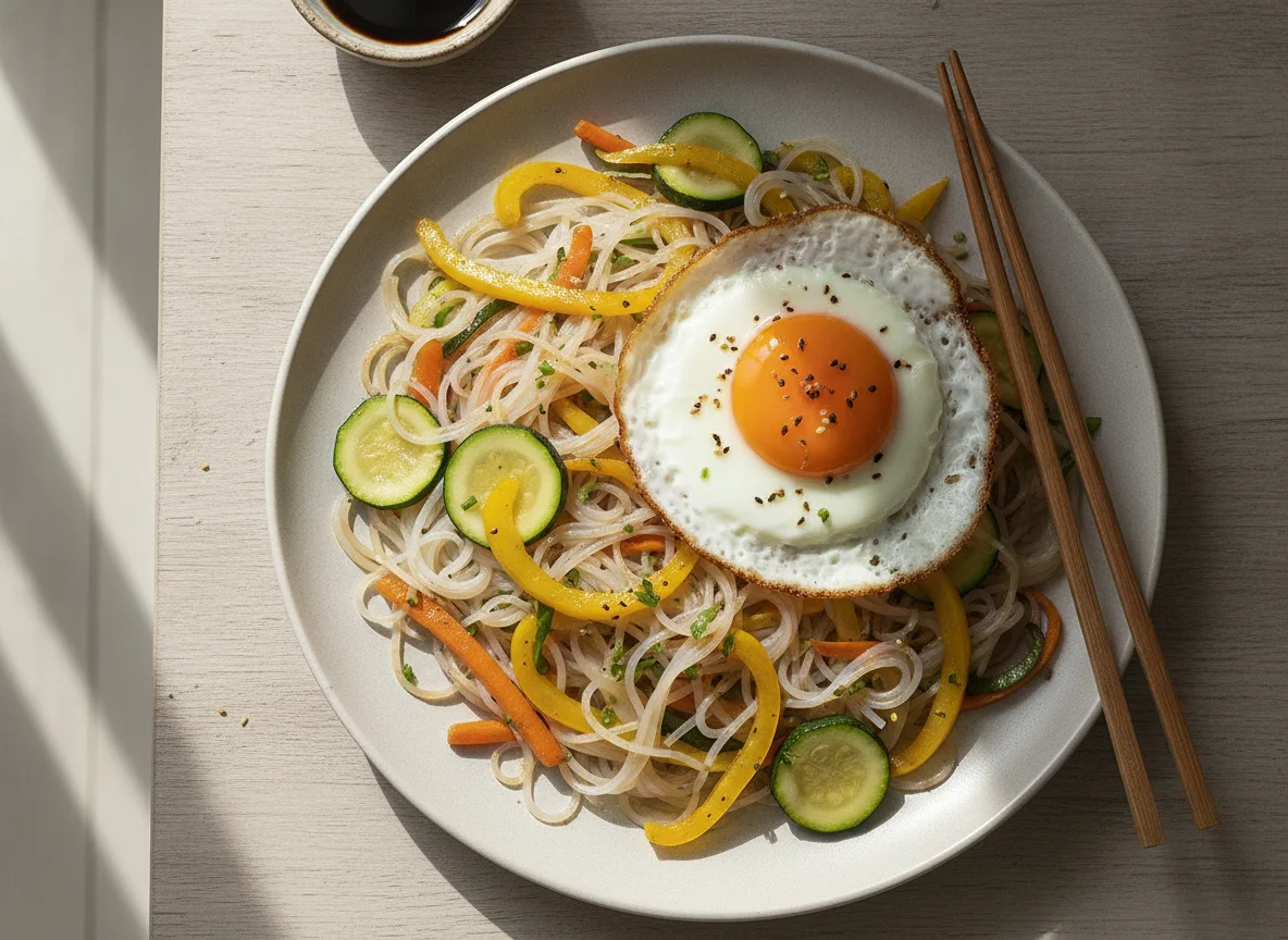 Gebratene Shirataki-Nudeln mit Gemüse und Ei photo