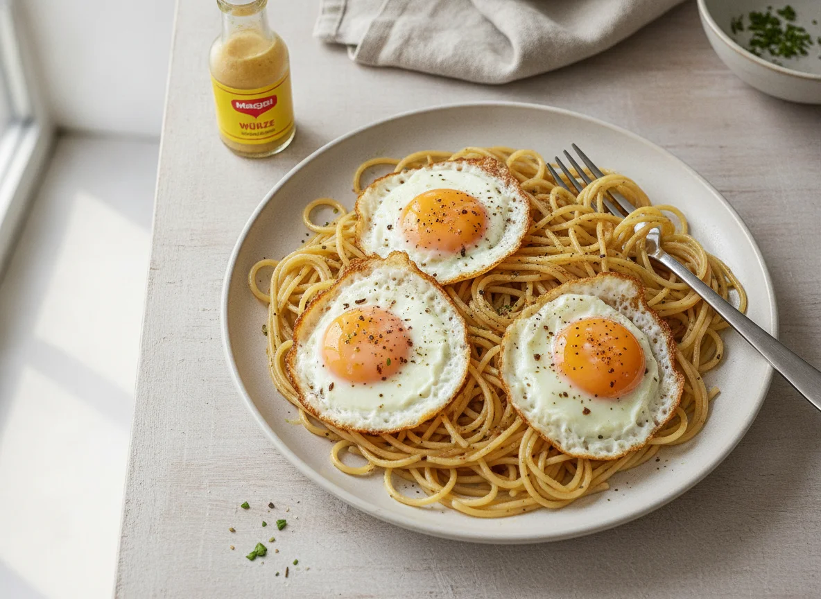 Gebratene Spaghetti mit Ei photo