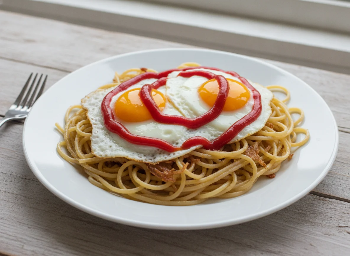 Gebratene Spaghetti mit Ei und Ketchup photo