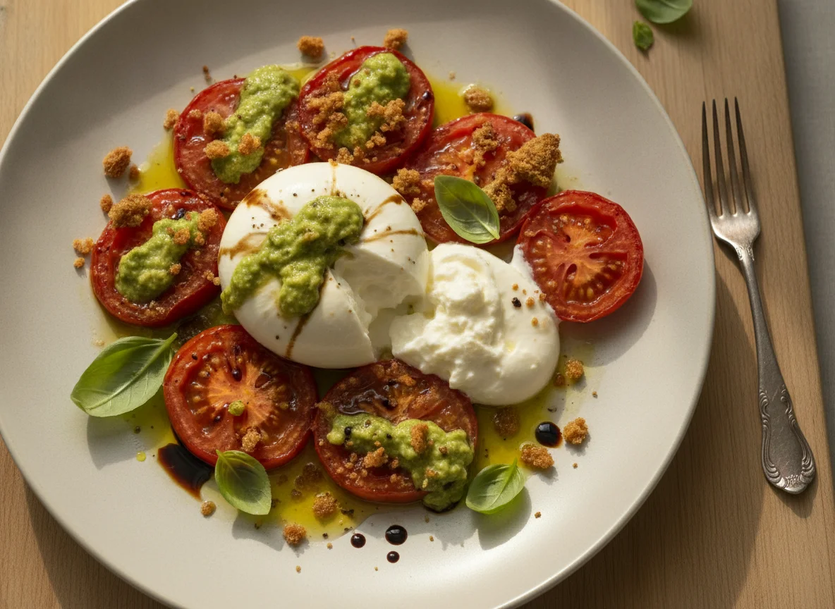 Gebratene Tomate mit Burrata und Avocadovinaigrette photo