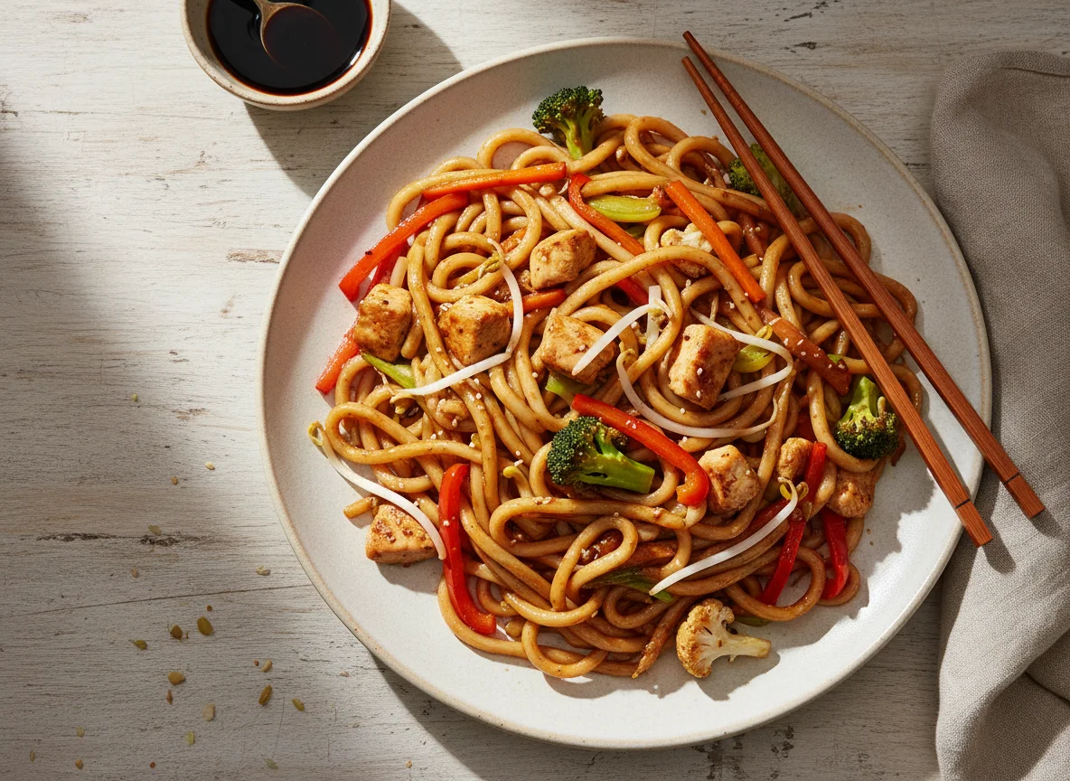 Gebratene Udon Nudeln mit Huhn und Gemüse photo