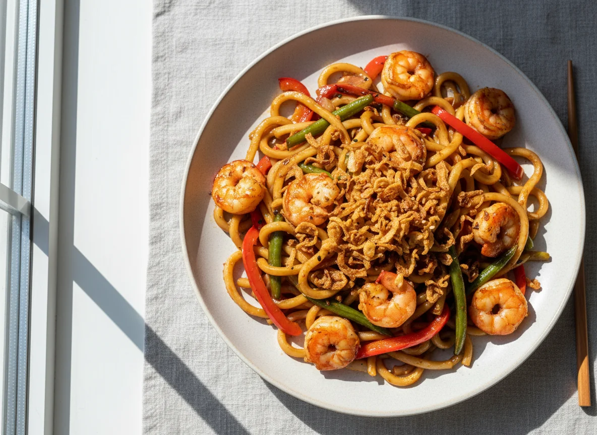 Gebratene Udon-Nudeln mit Garnelen und Gemüse photo