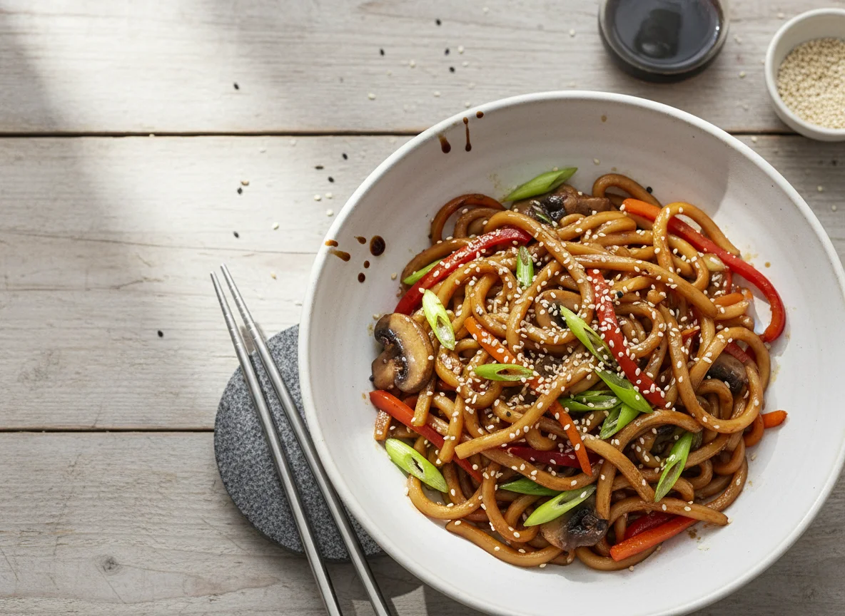 Gebratene Udon-Nudeln mit Gemüse photo