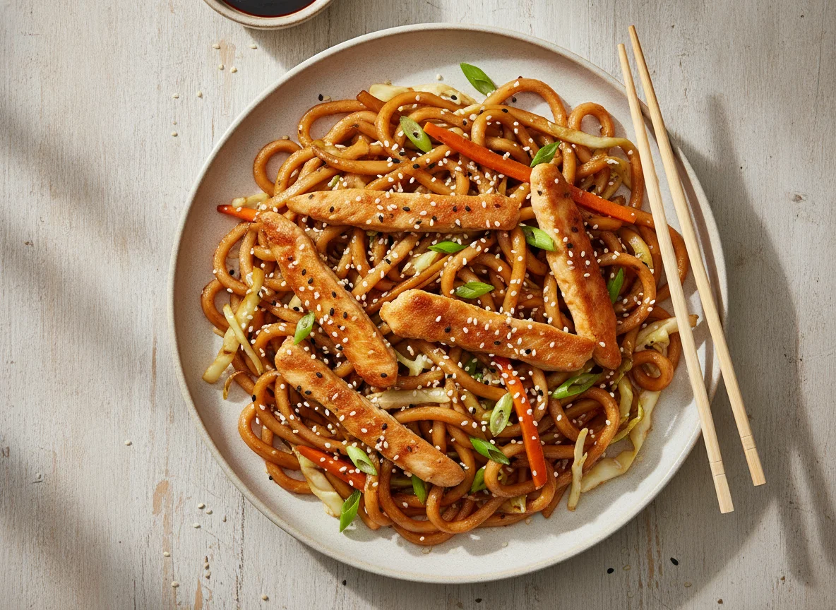 Gebratene Udon-Nudeln mit Hähnchen photo