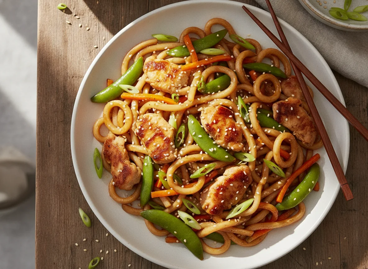 Gebratene Udon-Nudeln mit Hähnchen und Gemüse photo