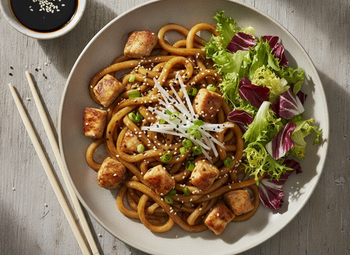 Gebratene Udon-Nudeln mit Hähnchenbrust photo