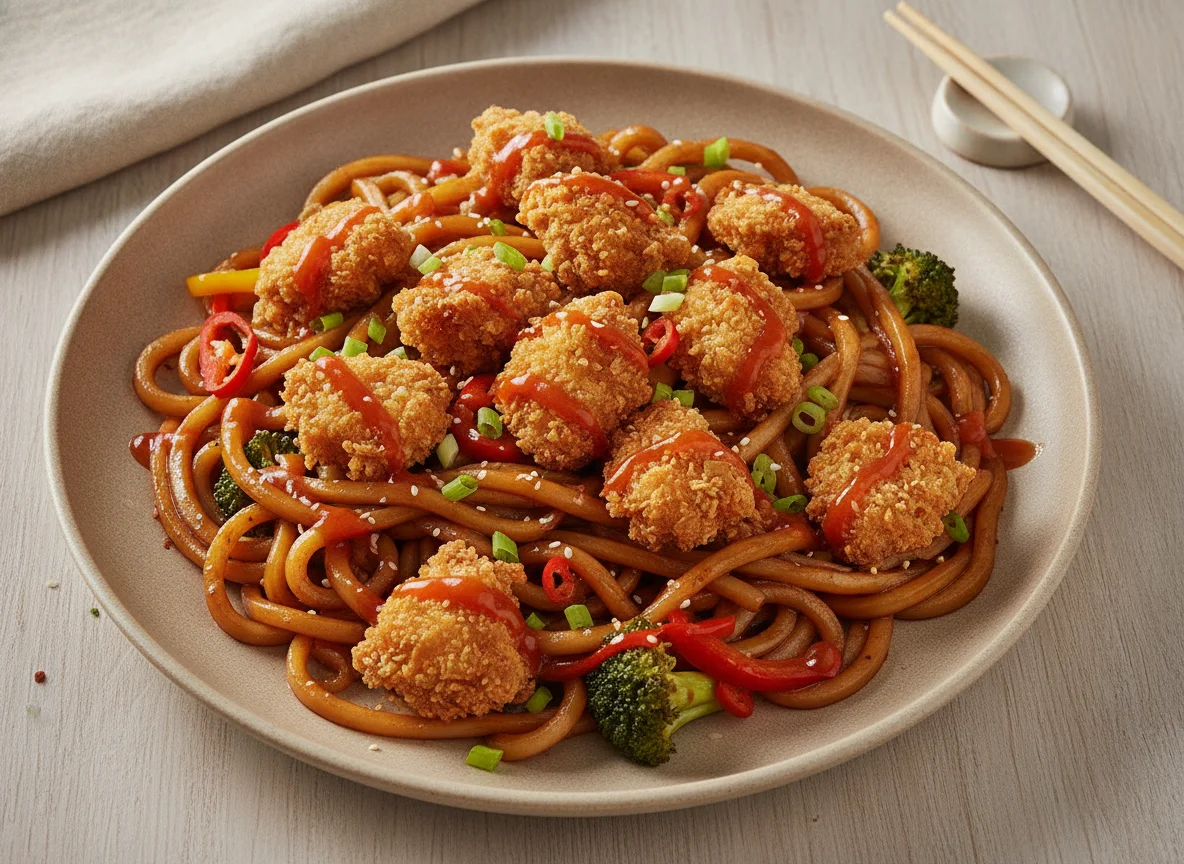 Gebratene Udon-Nudeln mit knusprigem Hähnchen photo