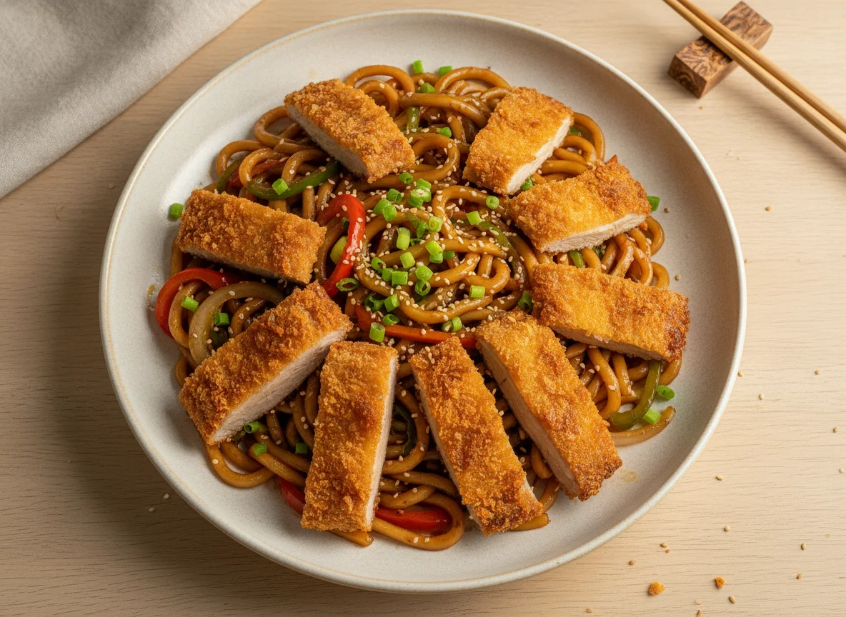 Gebratene Udon-Nudeln mit knuspriger Ente photo