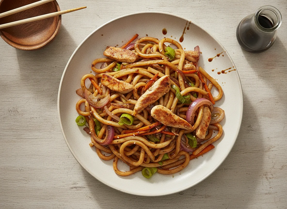 Gebratene Udon-Nudeln mit Poulet und Gemüse photo