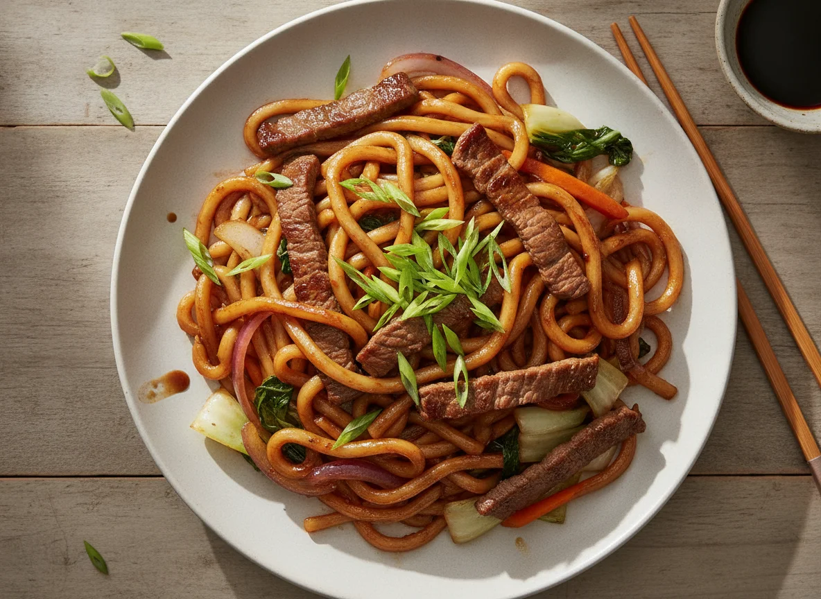 Gebratene Udon-Nudeln mit Rindfleisch und Gemüse photo