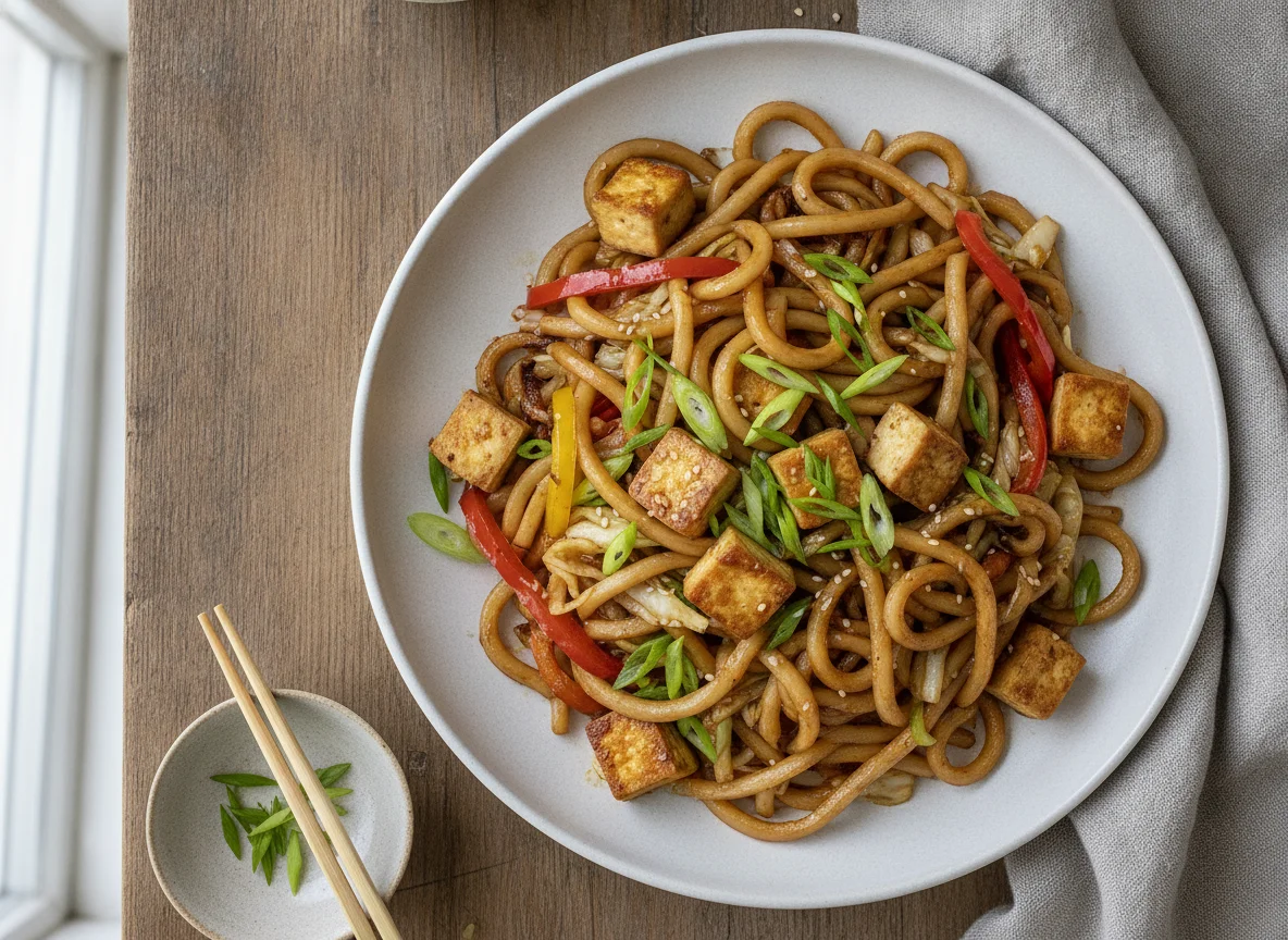 Gebratene Udon-Nudeln mit Tofu und Gemüse photo